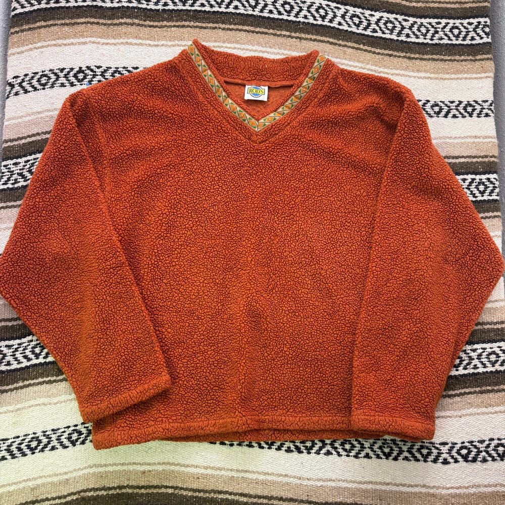 Vintage 90's Rod's Burnt Orange Fleece V-Neck Pullover Outdoor Sweatshirt Sz XL